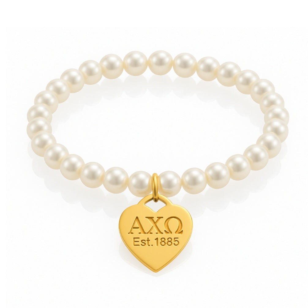 Heart Tag Pearl Stretch Bracelet- Alpha Chi Omega