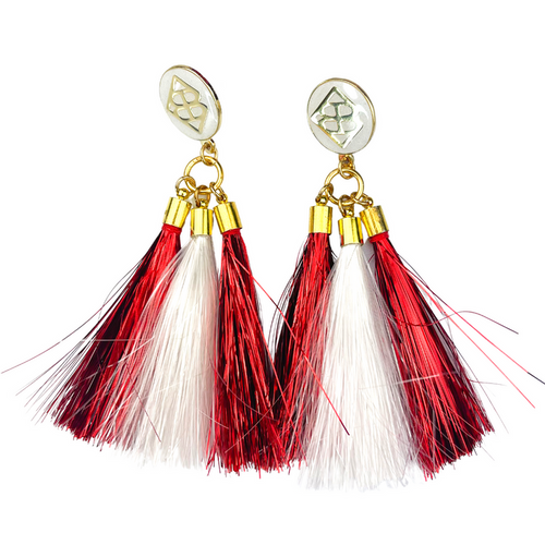 Crimson and White Metallic Jumbo Tassel Earrings