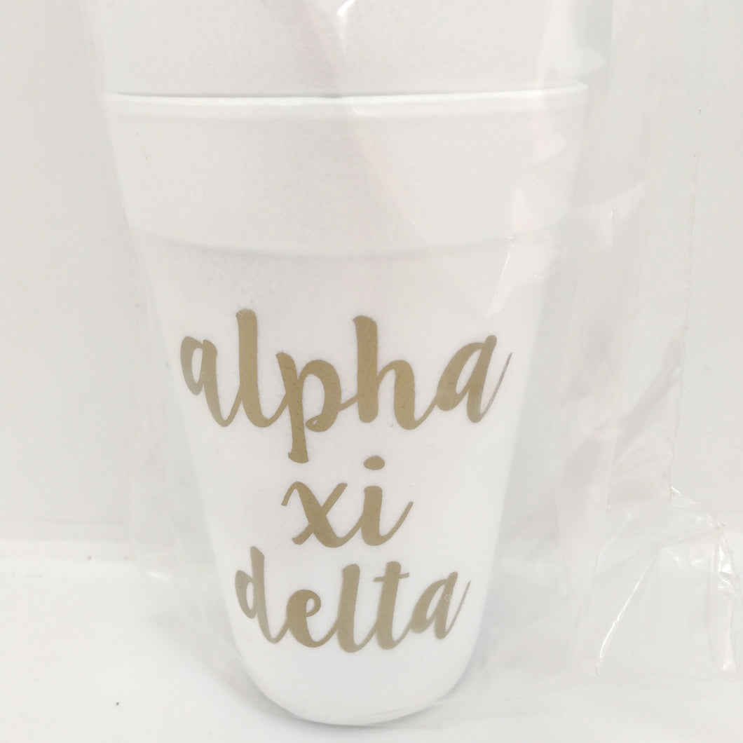 Gold Script Styrofoam Cups - Alpha Xi Delta