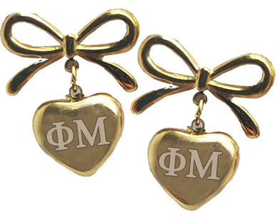 Phi Mu Bow and Heart Earrings