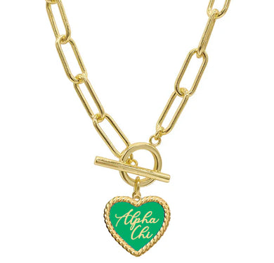 Sorority Enameled Heart Charm Toggle Necklace - Alpha Chi Omega