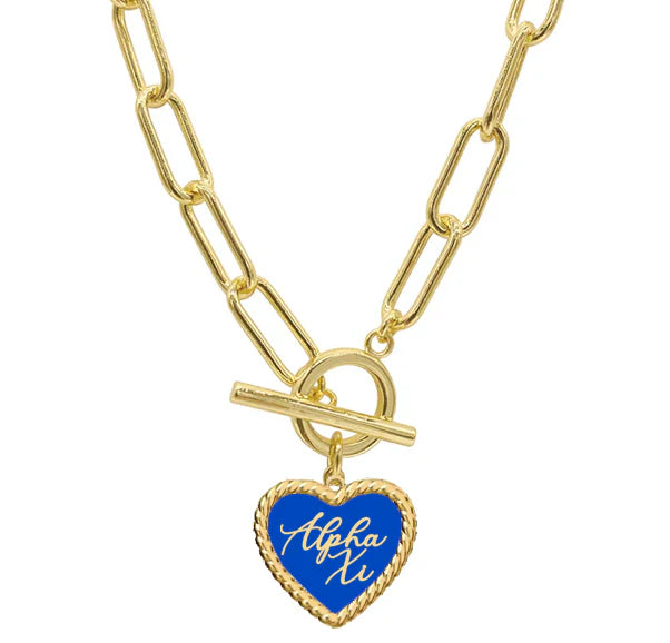 Sorority Enameled Heart Charm Toggle Necklace - Alpha Xi Delta
