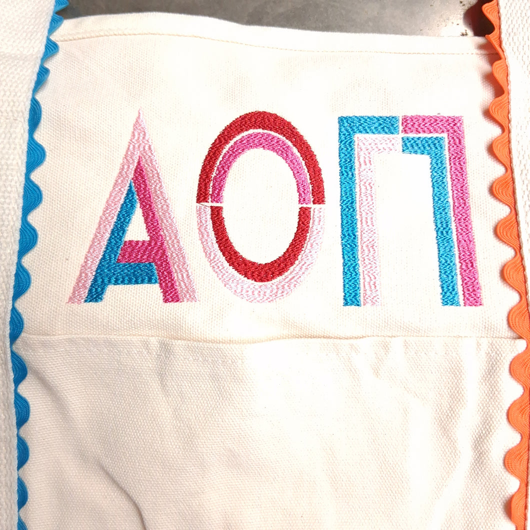 Scalloped Embroidered Tote Bag- Alpha Omicron Pi