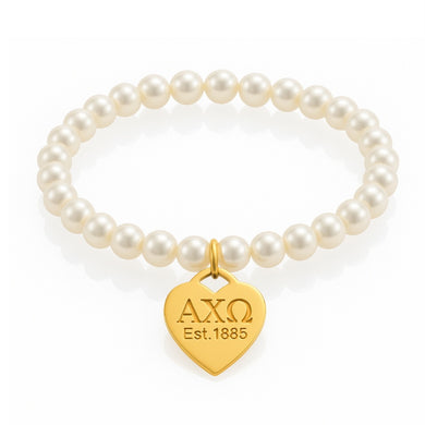Heart Tag Pearl Stretch Bracelet- Alpha Chi Omega