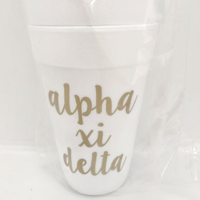 Gold Script Styrofoam Cups - Alpha Xi Delta