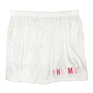 Embroidered Satin Shorts- Phi Mu