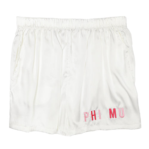 Embroidered Satin Shorts- Phi Mu