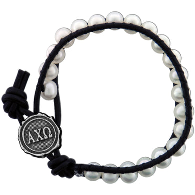 Freshwater Pearl and Black Leather Bracelet - Alpha Chi Omega