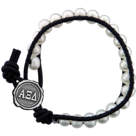 Freshwater Pearl and Black Leather Bracelet - Alpha Xi Delta