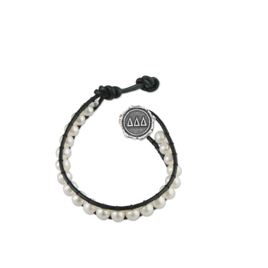 Freshwater Pearl and Black Leather Bracelet - Delta Delta Delta