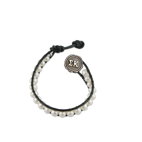 Freshwater Pearl and Black Leather Bracelet - Sigma Kappa