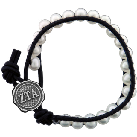 Freshwater Pearl and Black Leather Bracelet - Zeta Tau Alpha